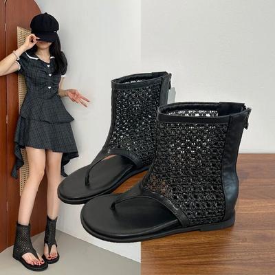 2025Плоские клипсы-вставки Елочка Холодные ботинки Женские Новые Летние Вырезы Мягкая подошва Нескользящие Полусапожки Богемные Римские сандалии