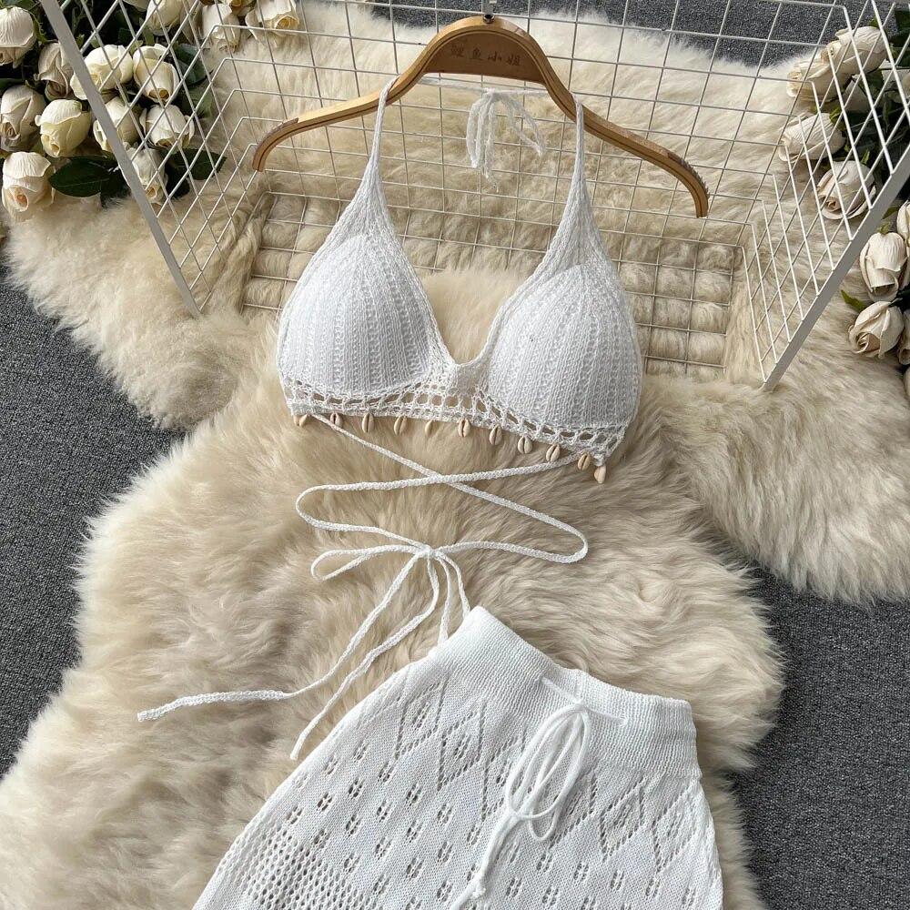 Women Summer Knitted Set Halter Short Tops+ Hollow Wide Leg Long Pants Sets Shell Beach Sexy Backless Two Piece Suits
