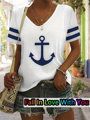 Женская футболка с 3D принтом якоря и v-образным вырезом, модная повседневная футболка с коротким рукавом на весну и лето, Harajuku, женская свободная футболка, уличная одежда, топ