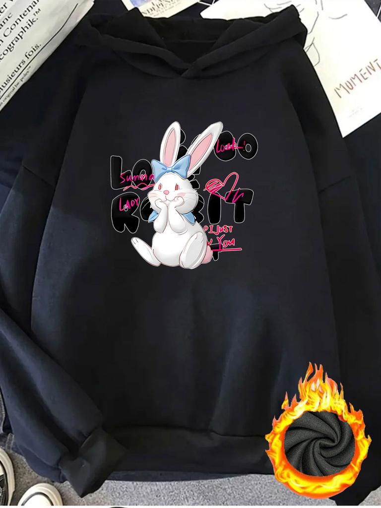 1pc Fashion Women'S Autumn Winter Warm Hooded Sweatshirt Elegant Beautiful Y2K Style Cute Rabbit Print Adorable Full Pattern Fleec