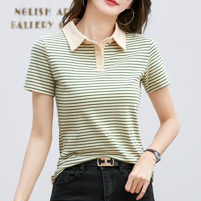 Женские тонкие повседневные рубашки Harajuku, сексуальные топы с лацканами, женская летняя хлопковая футболка с короткими рукавами, полосатая нижняя рубашка