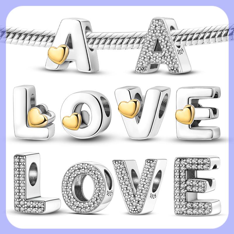 Original A-Z Alphabet Charms Bead 925 Silver 26 Letters CZ Zircon Heart Love Charm Fit Bracelet Bangle Jewelry Making