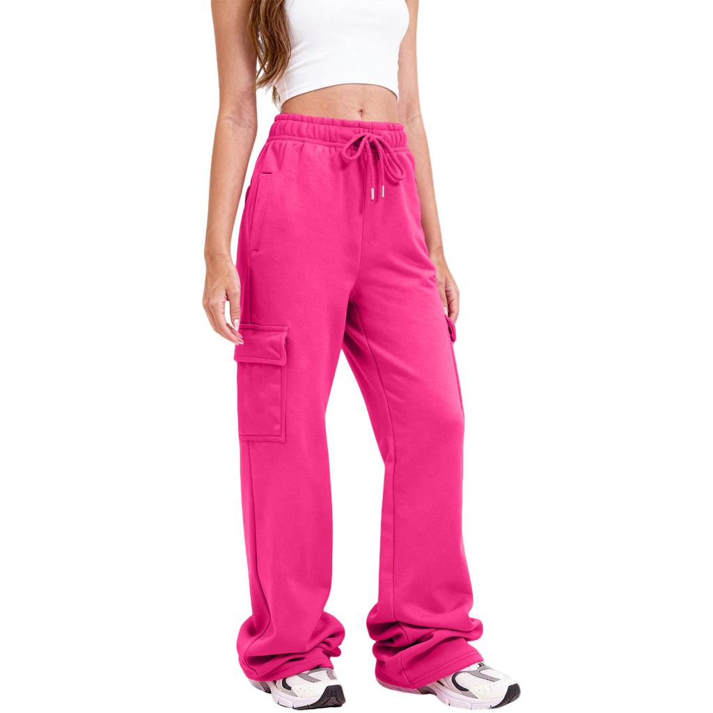 Women Cargo Sweatpants Stacked Pants Warm Fleece Drawstring Waist Casual Joggers Trousers