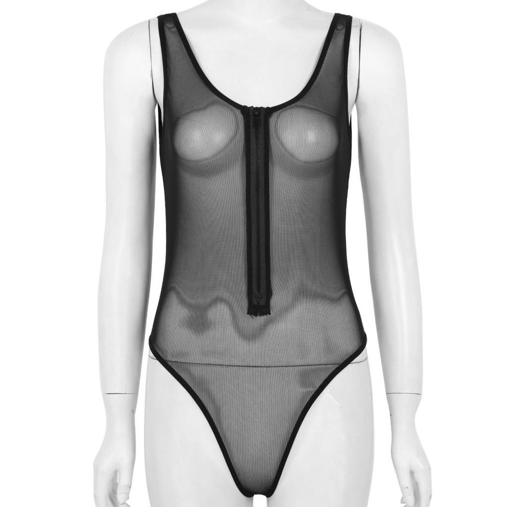 Women's One Piece Monokini Swimsuits See Through Mesh Romper Romper Front Zip Bodysuit