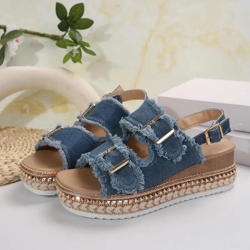 Fashion Women Wedge Sandals Summer Beach Slippers Double Buckle Non-slip Clogs Slides Women Flip Flop Platform Sandals Denim Female