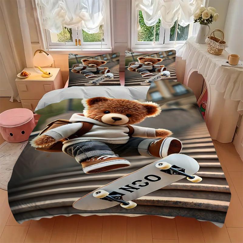 3pcs Anime Teddy Bear Skateboard Design Bedding Set - Includes One Quilt Cover and Two Pillowcases (No Core) - Perfect for Bedroom and Guest