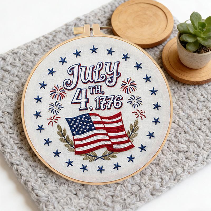 Independence Day Embroidery Kit with EN Instructions Handmade Embroidery DIY Material Thread Stamped Cloth with Pattern Kit