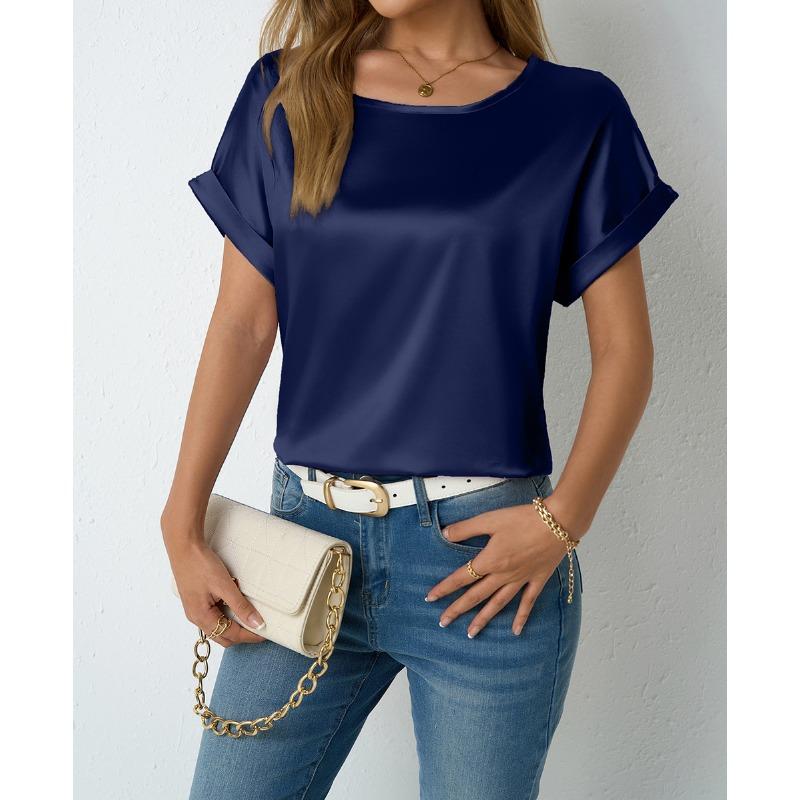 Women's Spring Summer Short-sleeved Satin Shirt Loose Casual Color T Shirt