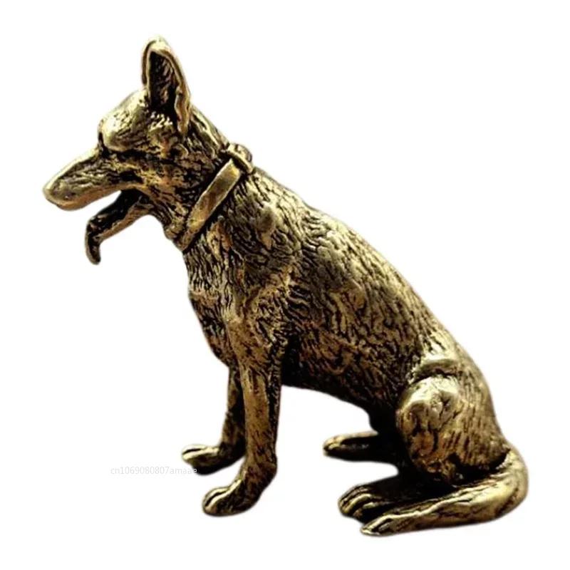 Brass Metal Lucky Fortune Dog Statue Small Feng Shui Ornament Little Puppy Wolf Figurines Chinese Desktop Pet Arts Home Decor