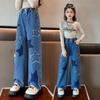 2023 Spring Girls' Star Patch Wide-Leg Jeans - Trendy Children's Fashion for Medium & Large Sizes