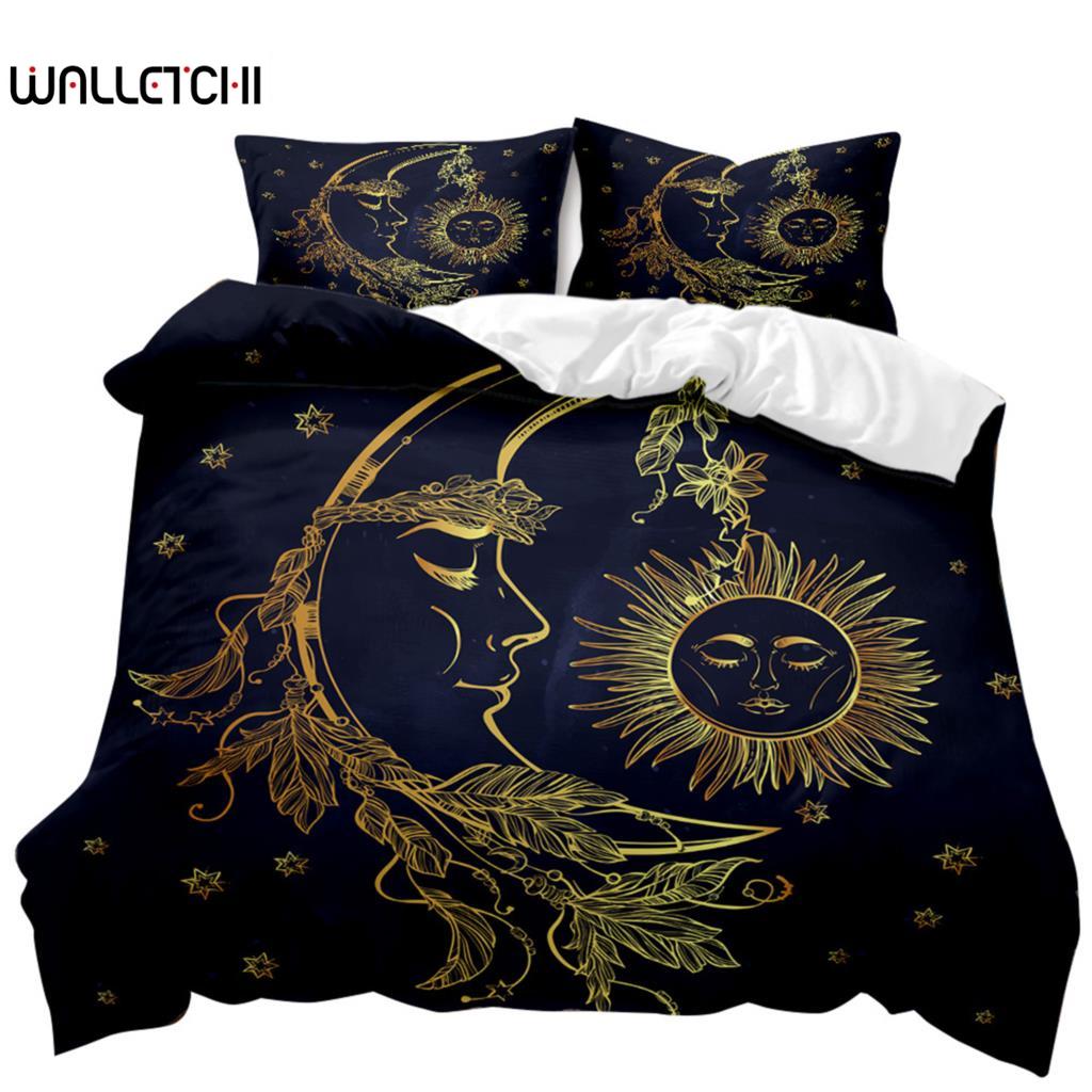 Bohemian Style Comforter Cover Package 3D Design Golden Sun and Moon Bed Ensemble for Kids Teens Adults Double Size Queen Dimension King Dimension