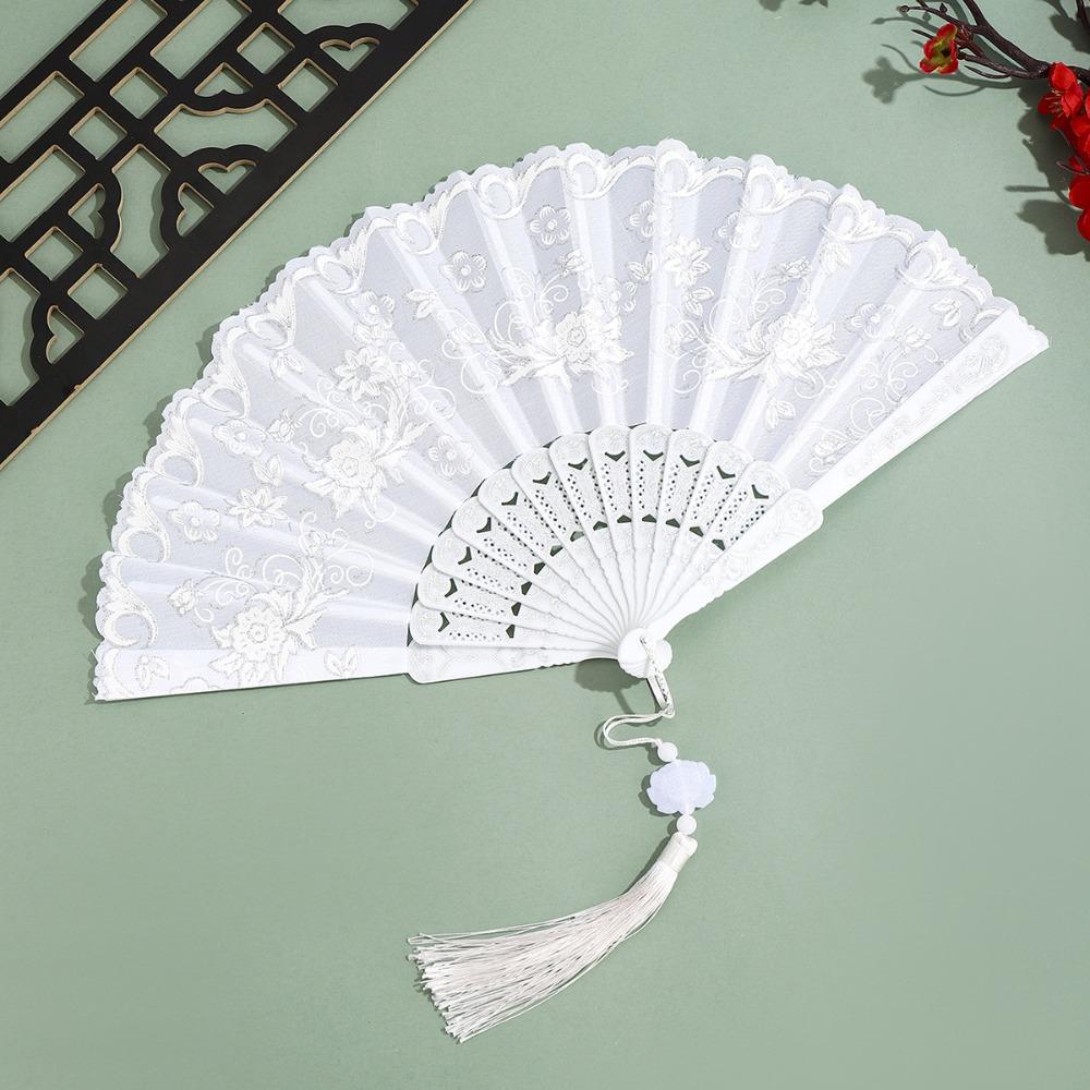 Portable Vintage Style Silk Hand Fan Floral Pattern Decorative Folding Fan with Tassel Handmade Handheld Fan Wedding Party