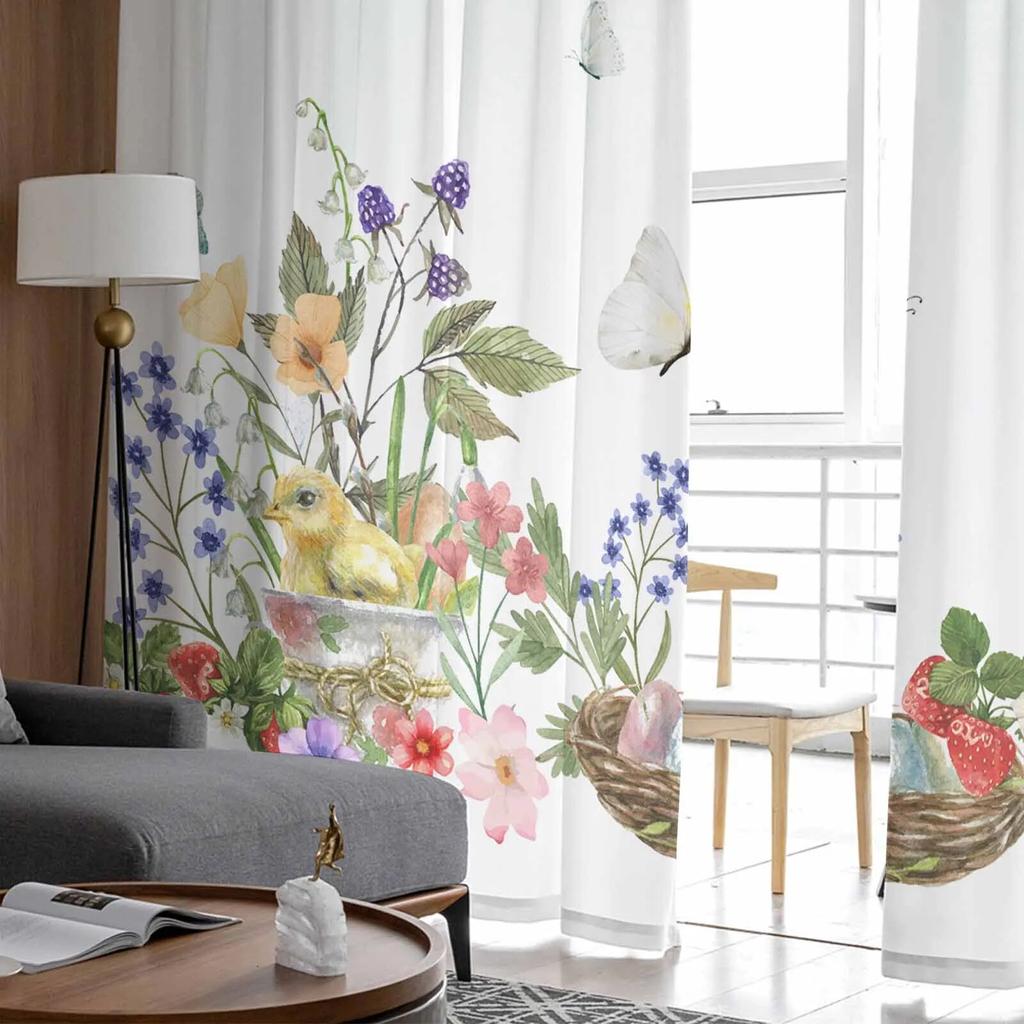 Тюль-вуаль с изображением кролика, бабочки, клубники, пасхальных штор для спальни, гостиной, оконная занавеска, прозрачные шторы из органзы