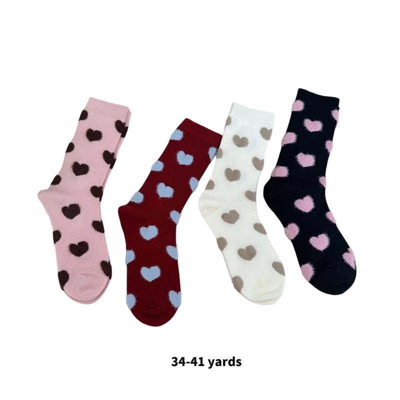 4 Pairs Breathable Women's Ankle Socks Flocking Heart Pattern Stretchy Fit Nylon Fabric Crew Socks for Work and Leisure