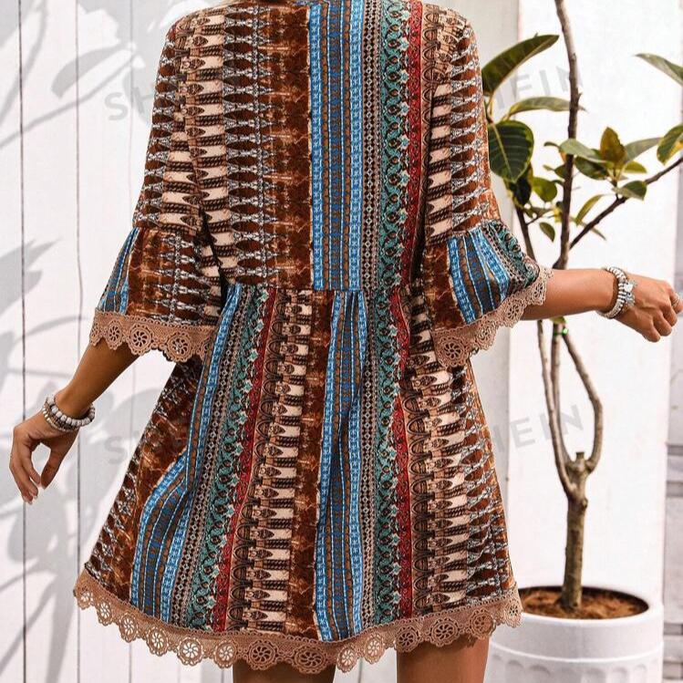 Винтажное принтованное платье для женщин, модное бохо, сексуальное, с V-образным вырезом, с длинным рукавом, свободные платья для женщин, летние праздничные платья, женская одежда, новинка