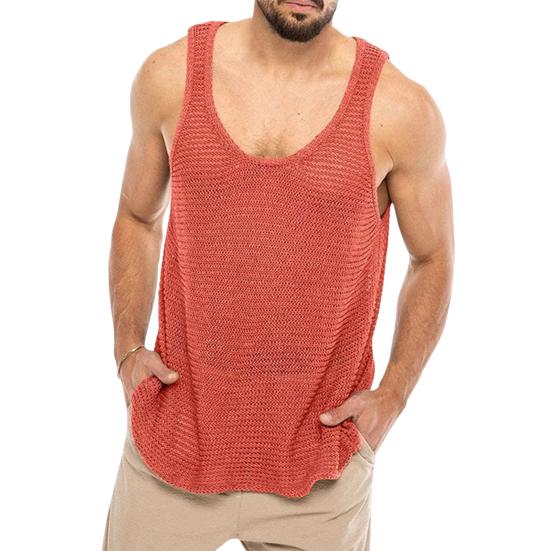 Men Summer Knitted Tops O-neck Sleeveless Solid Color Loose Fit Pullover Tops Stretchy Vest Streetwear