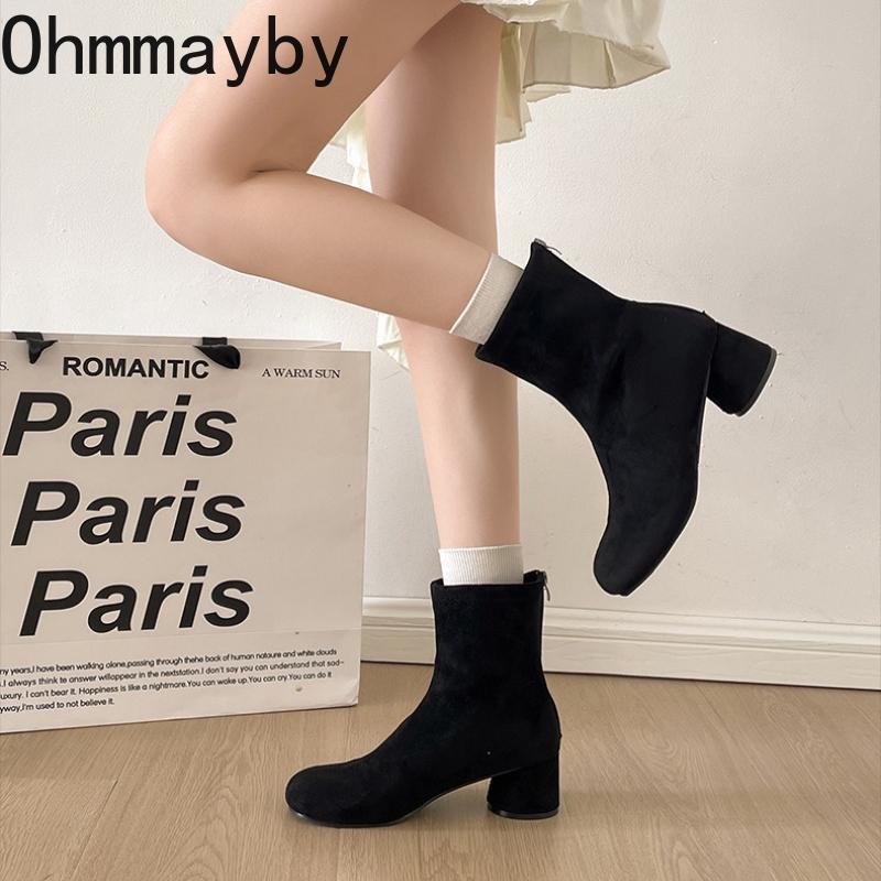 Винтажные стрейчевые облегающие женские ботильоны до щиколотки, модные туфли с острым носком и толстым каблуком, уличный стиль, банкетная вечеринка, короткие ботильоны для женщин