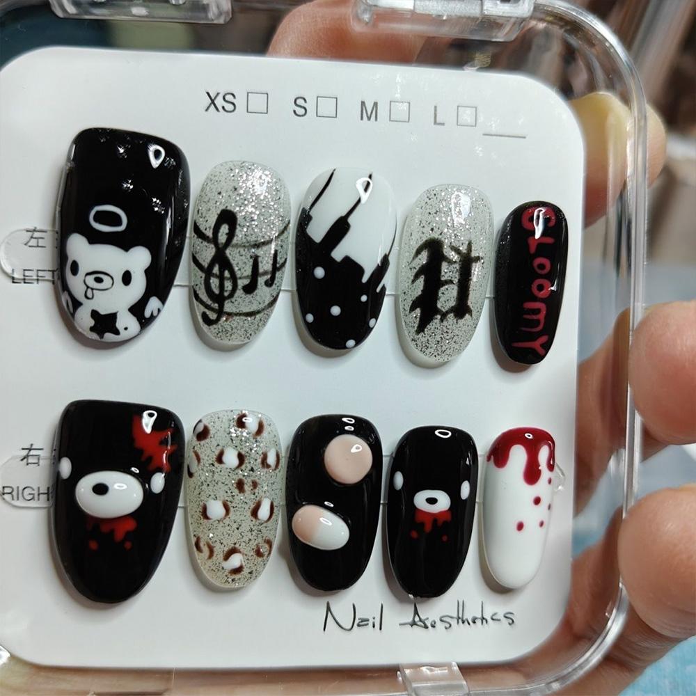 Y2K Retro Pearl Bear 3D Wing Bow Short Press On Nails Fake Nail Tips Party Birthday Gift Accessories