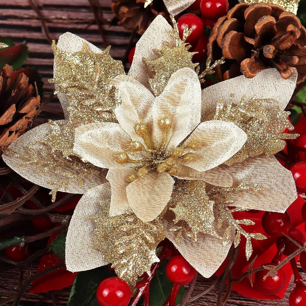 Large Artificial Christmas Flowers Glitter Xmas Tree Ornaments DIY Wreath Simulation Floral Wedding New Year Party Home Decor