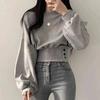 Autumn Spring Women Solid O-Neck Slim Crop Top Lantern Sleeve with Button  Sweat Casual Hip-Hop Sporty Pullover Sweet Street Wear