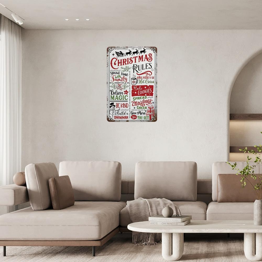 INEED Christmas Rules Metal Sign Wrought Iron Wall Art Decor with Pre-drilled Holes, Humorous Holiday Home and Bar Wall Decor