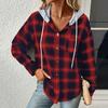 Autumn Winter Women Hoodie Coat Plaid Solid Color Stitching Hooded Drawstring Patch Pocket Long Sleeve Single Breasted Sweatshirt Jacket