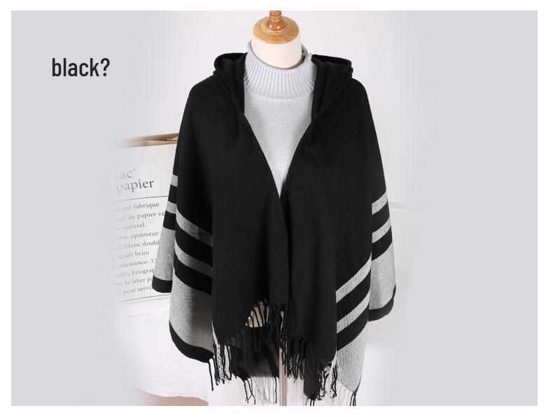 Women's Hooded Cape Shawl: Warm Autumn/Winter Tassel Slit, Two-way Imitation Cashmere Scarf