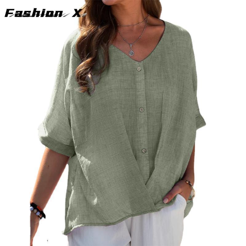 Cotton T-shirt V-neck Short Sleeve Loose Women's Shirt Casual Tops