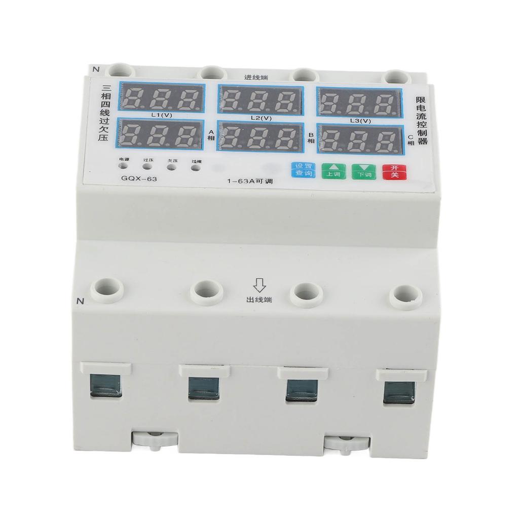 3-фазный вольтметр на DIN-рейку, амперметр, регулируемый предохранитель от перенапряжения, пониженного напряжения и перегрузки по току 63A