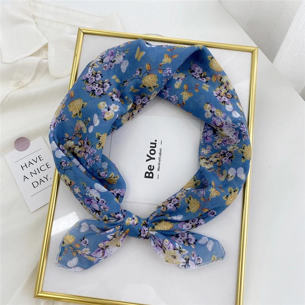 Floral Print Neckerchief Small Hijab Scarfs Women Fashion Handkerchief Neck Scarf Shawls Cotton Blends Korean Hair Scarves 58CM