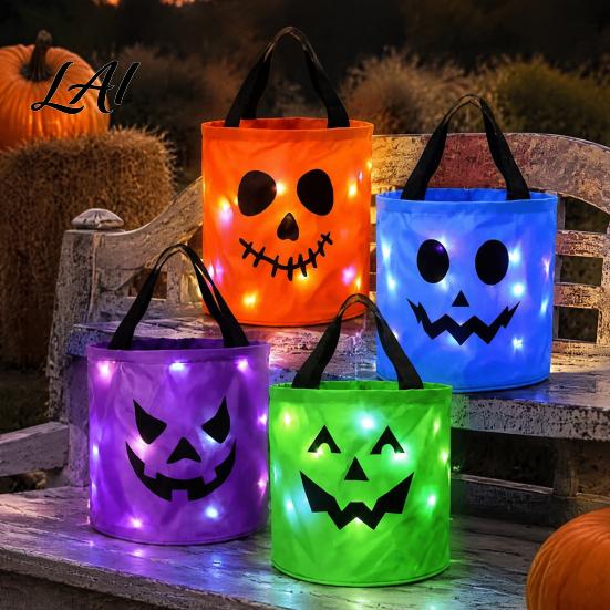 Large Storage Buckets for Candy Halloween Glowing Pumpkin Bag LED Light up Trick or Treat Bucket Decorative Containers Sweets Reusable Waterproof
