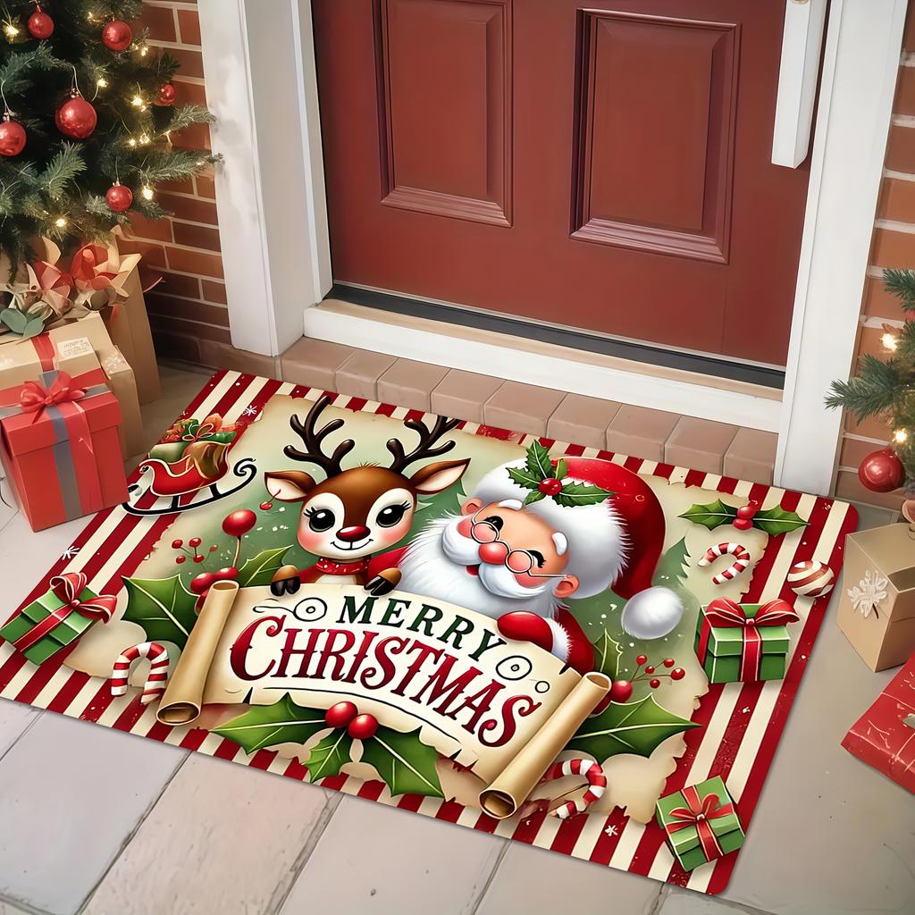 Santa Claus Reindeer Merry Christmas Doormat, Festive Holiday Welcome Rug, Machine Washable Flannel Entryway Door Carpet