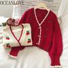 Embroidered Cardigans Knit Wear Sweet Puff Sleeve Short Mujer Chaqueta Autum Winter V Neck Cherry Sweaters Women