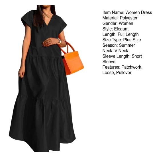Women Summer Dress Loose V-neck Patchwork Short Sleeves Party Wearing A-line Full Length Lady Maxi Dress Female Clothes