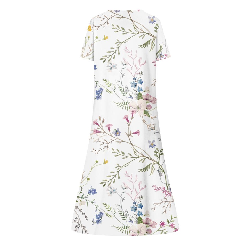 Women's Summer Casual Fashion Floral Printed Short Sleeve Button Pocket Dress