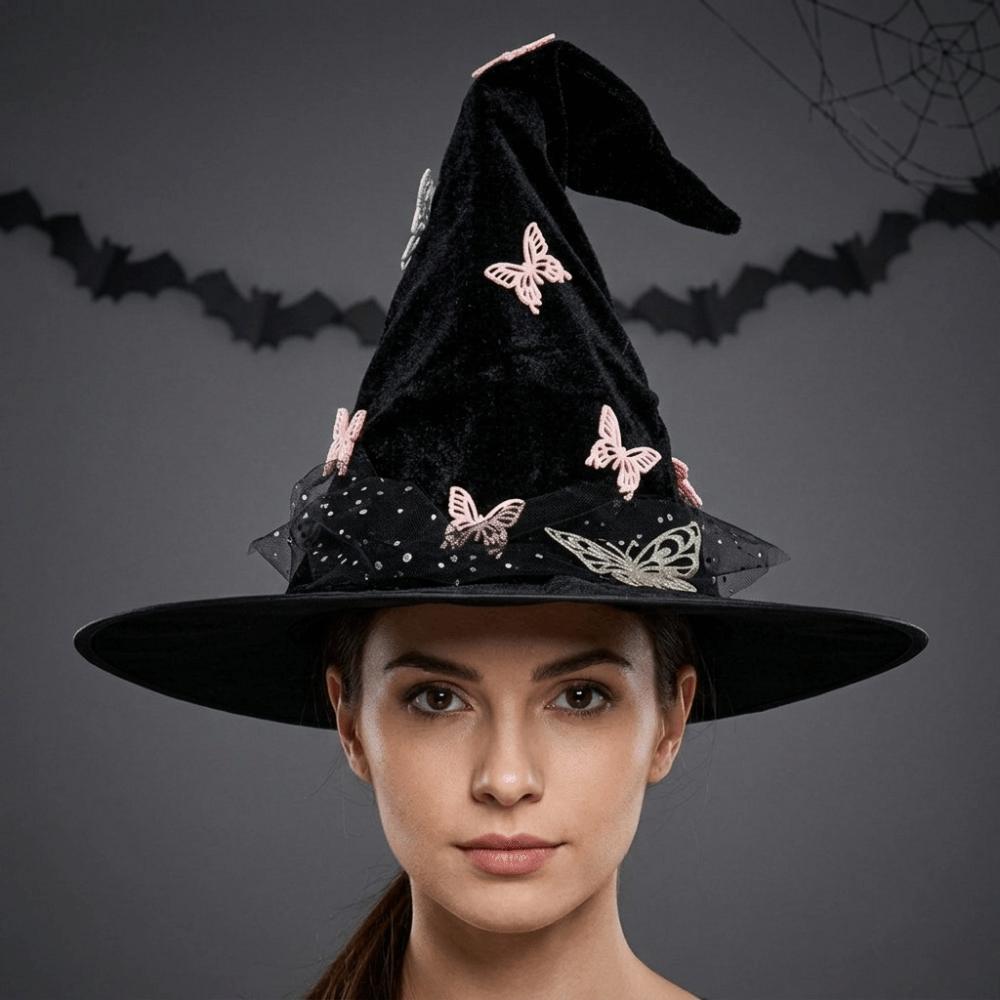 Black Halloween Witch Hat Velvet Halloween Black Cap Butterfly Wizard Cap Halloween Party