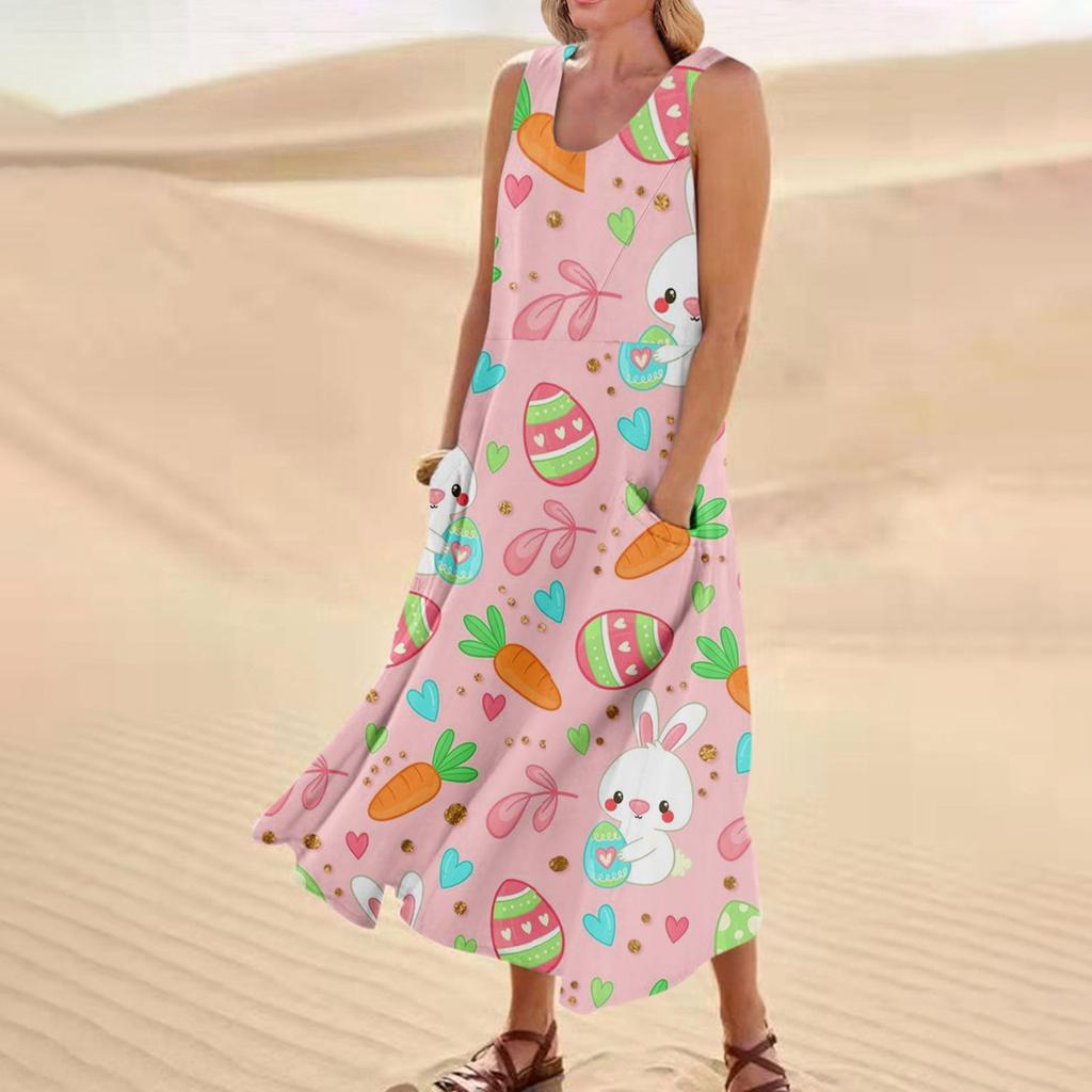 Women's Summer Casual Fashion Easter Printed Sleeveless Round Neck Pocket Dress