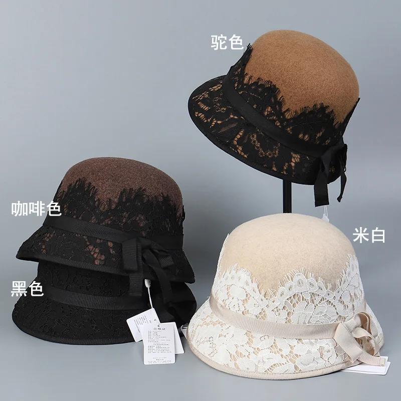 Французская модная шляпа-цилиндр из кружевной шерсти для светской львицы, элегантная шляпа для леди в стиле ретро, молочно-белого цвета, теплая шляпа для рыбалки