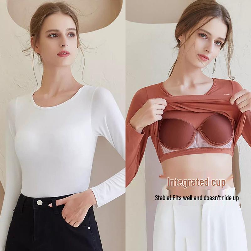 Модальная женская базовая рубашка с длинным рукавом и нагрудными вкладышами, без косточек, с интегрированной чашкой, осенне-зимняя верхняя одежда и одежда для сна