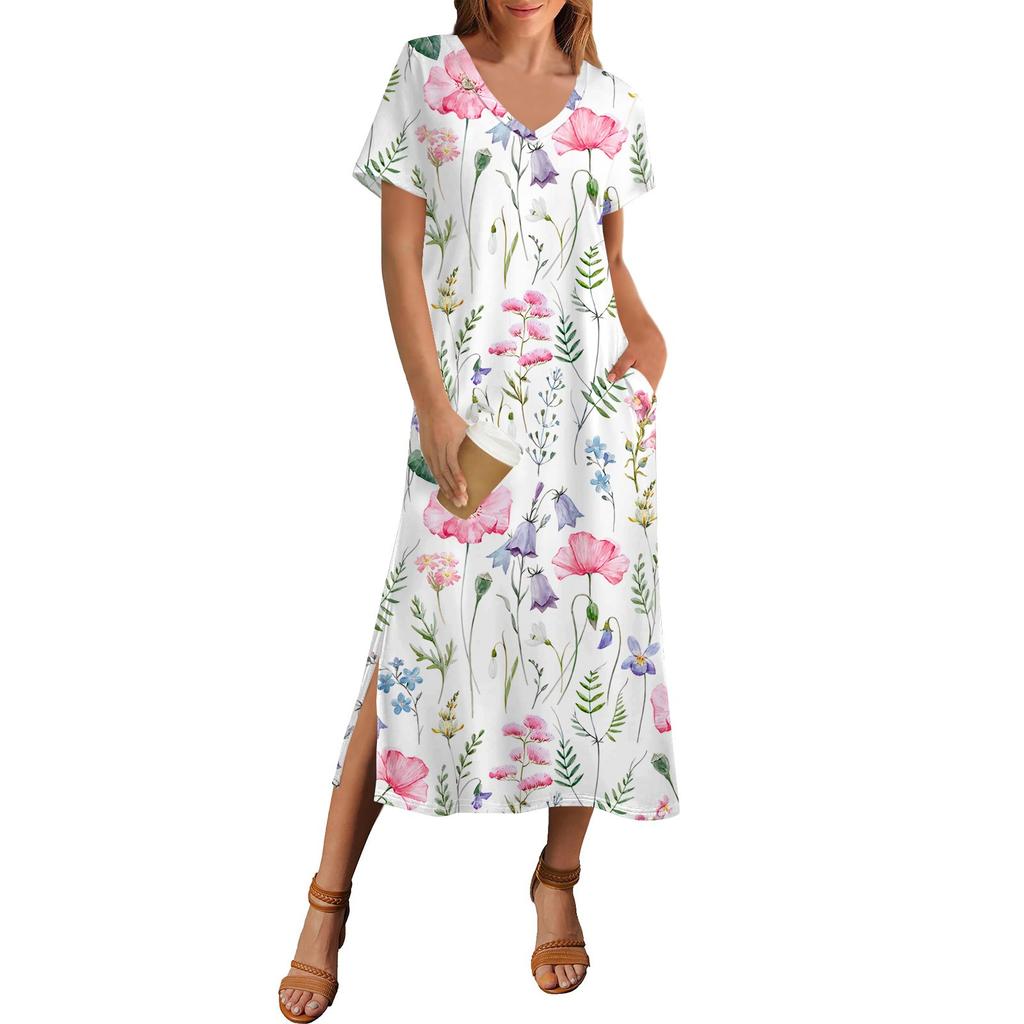 Women's Summer Floral Print Dress Short Sleeve Beach Dress With Pocket Casual V-neck Hem Side Slit Dress
