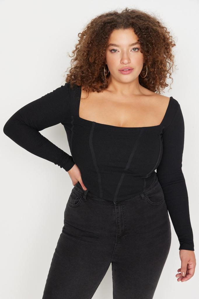 Women's Fashion New Plus Big Size Blouse Black Corduroy Bias Detailed Knitted Blouse