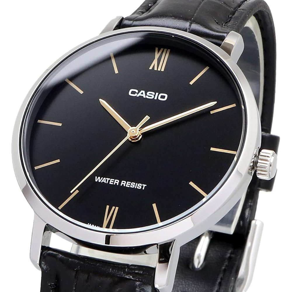 Женские кварцевые часы Casio LTP-VT01L-1B Черные с черным кожаным ремешком