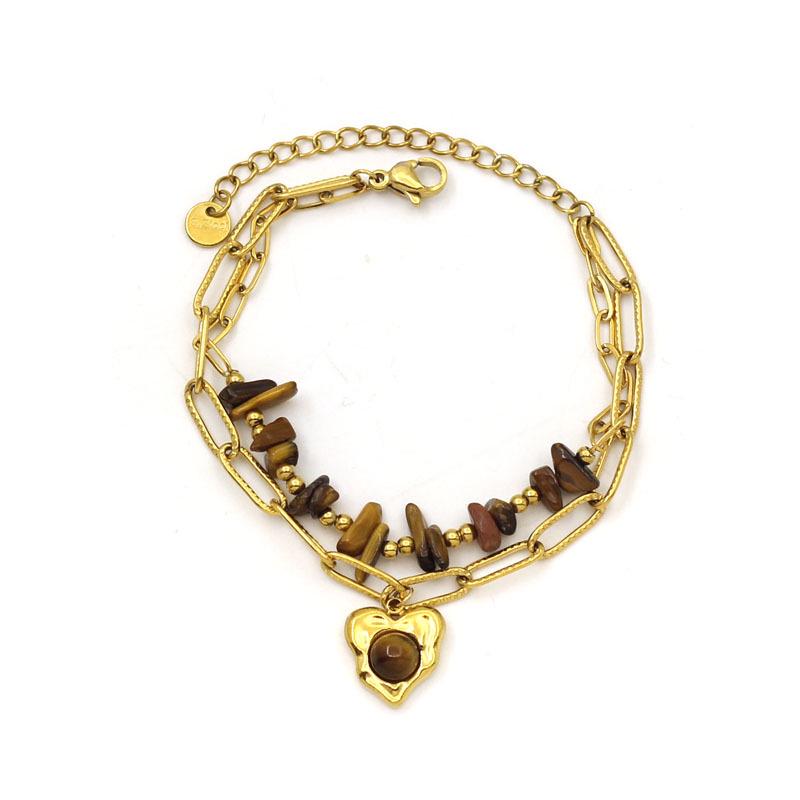 Gold Plated Stainless Steel Tiger Eye & Crushed Stone Beaded Bracelet for Women - Retro Luxury Jewelry