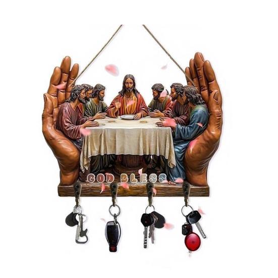 Деревянная христианская ключница 2D плоская Иисус Причастие Арт брелок-подставка с 4 крючками Религиозная настенная ключница для прихожей Домашний декор