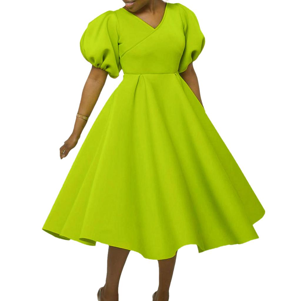 Женское модное однотонное платье большого размера, элегантное цельное платье с v-образным вырезом и пышными рукавами