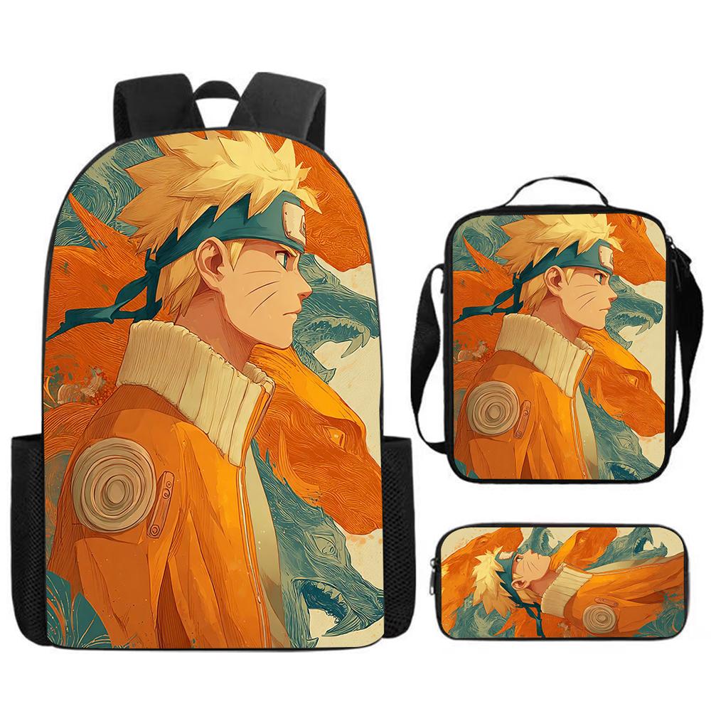 Набор из 3 предметов Школьный рюкзак NARUTO для детей с сумкой для ланча и пеналом, Легкий и прочный, Мультяшные школьные сумки для детей от 6 до 10 лет, Мальчиков и девочек