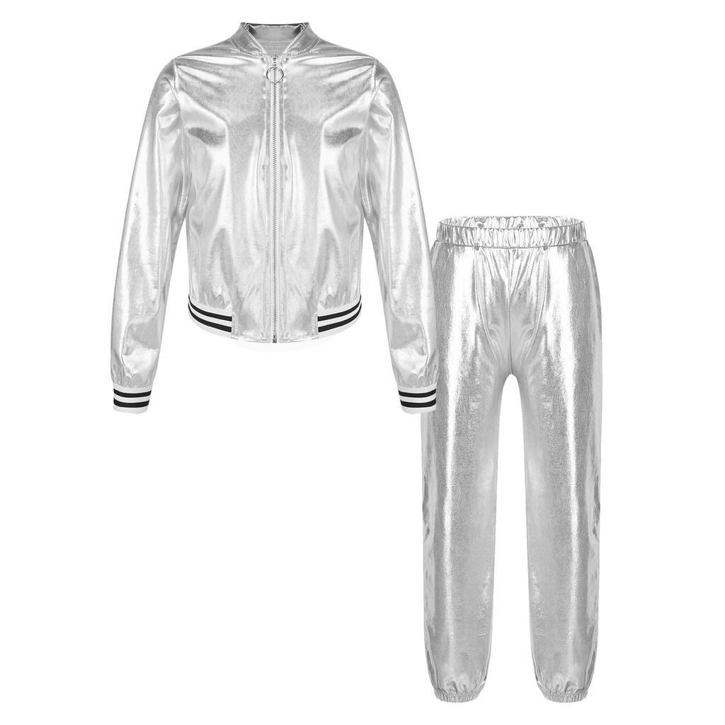 Kids Girls Metallic Long Sleeve Stand Collar Zipper Jacket with High Waist Pants for Sports Workout