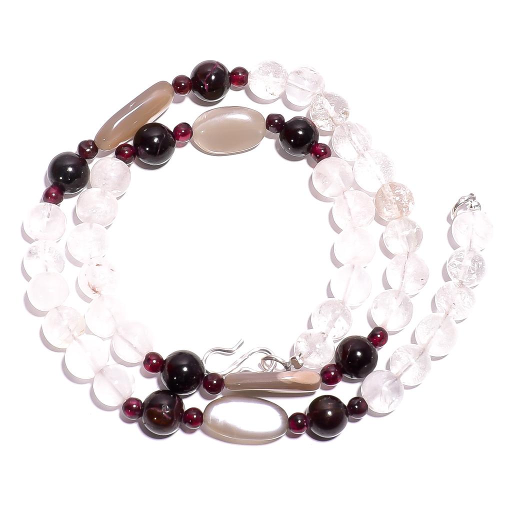 Natural Moonstone Crystal Garnet Gemstone Smooth Beads Necklace 17" UB-4792 UB-4792