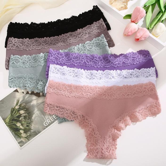 Flower Lace Panty Sexy for Women Low-Waist Solid Color Briefs Pure Cotton Breathable Soft Lingerie Comfortable Female Underwear S-XL