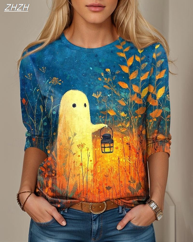Women Vintage Raven Floral Print Long Sleeve T‑Shirt Crew Neck Casual Gothic Fall Graphic Top